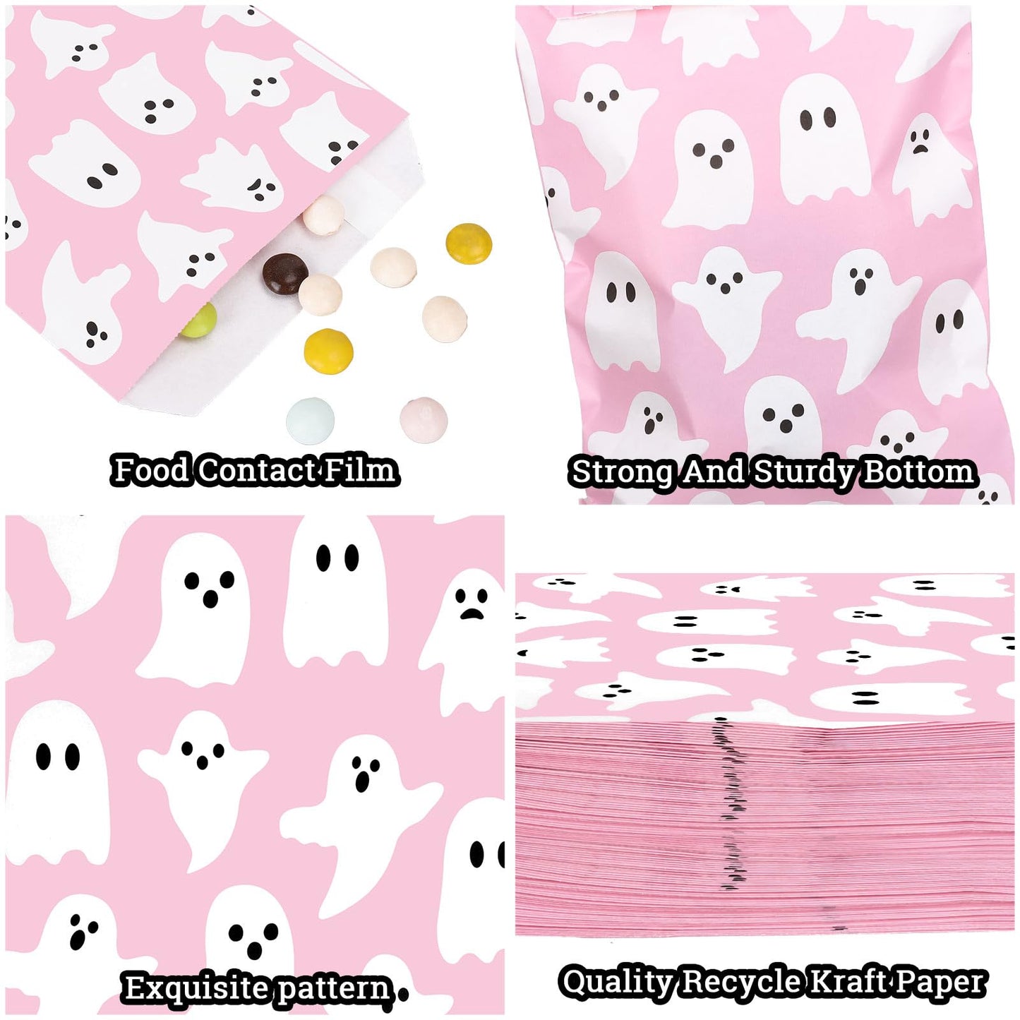 Whaline 100Pcs Halloween Treat Bags 5 x 7.3in Pink White Ghost Candy Goodie Bags Cute Party Favor Snack Bag Buffet Paper Bag for Chocolate Cookie Goodies Party Favor