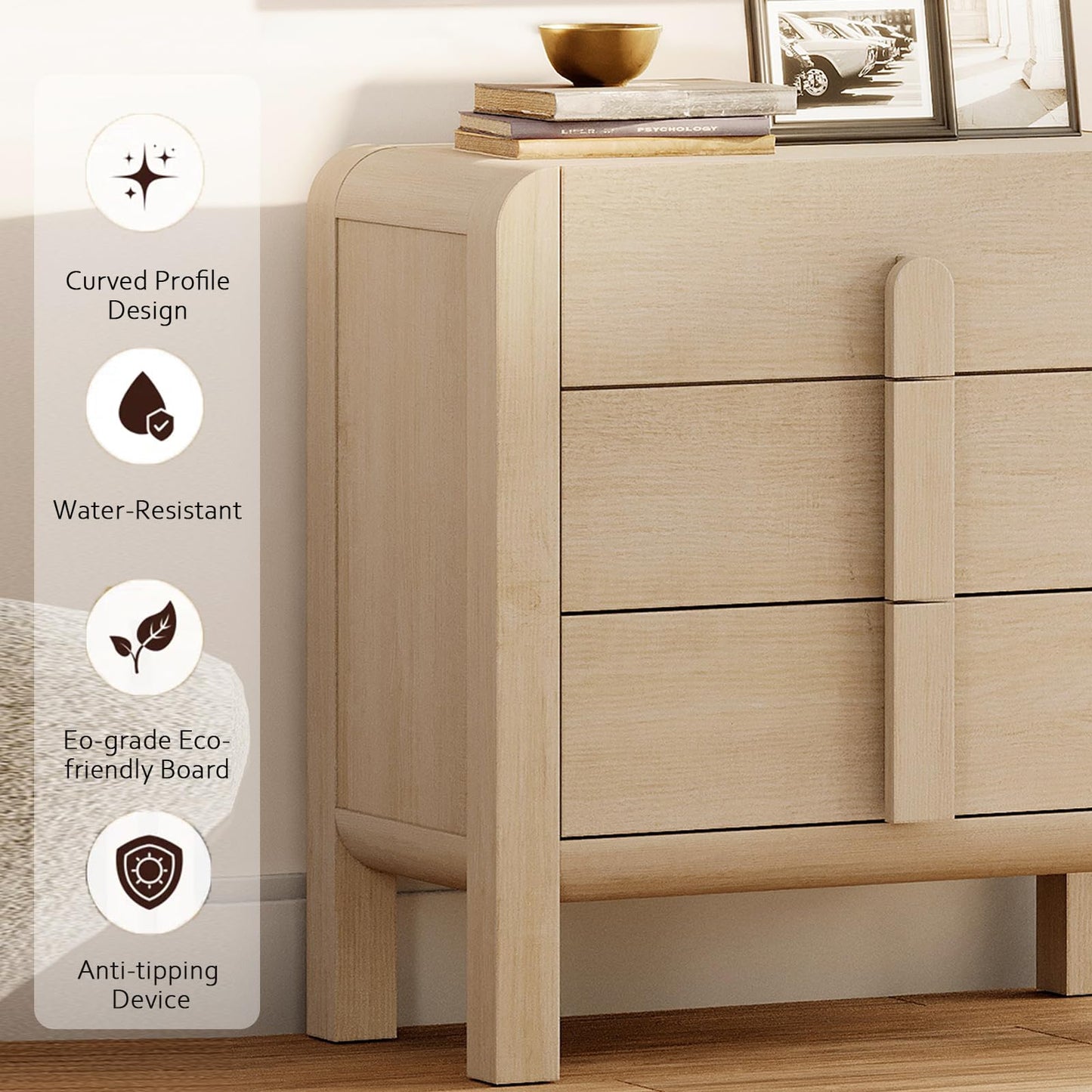 WAMPAT 6 Drawers Dresser for Bedroom, 47.2" Wide Mid Century Modern Chest of Drawers, Wooden Dressers TV Stand with Curved Profile Design, Storage Organizer for Bedroom, Closet, Hallway, Light Oak
