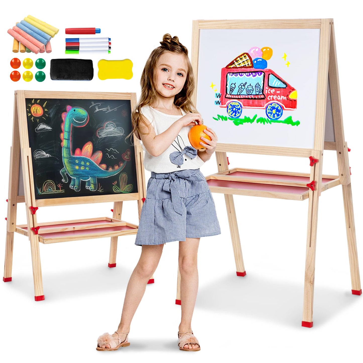 Wooden Art Easel for Kids, Double Sided Foldable Easels for Toddlers 3,4,5,6,7,8,9,10 Years,Adjustable Standing Kids Easel with Accessories, Perfect Painting Gifts for Boys&Girls