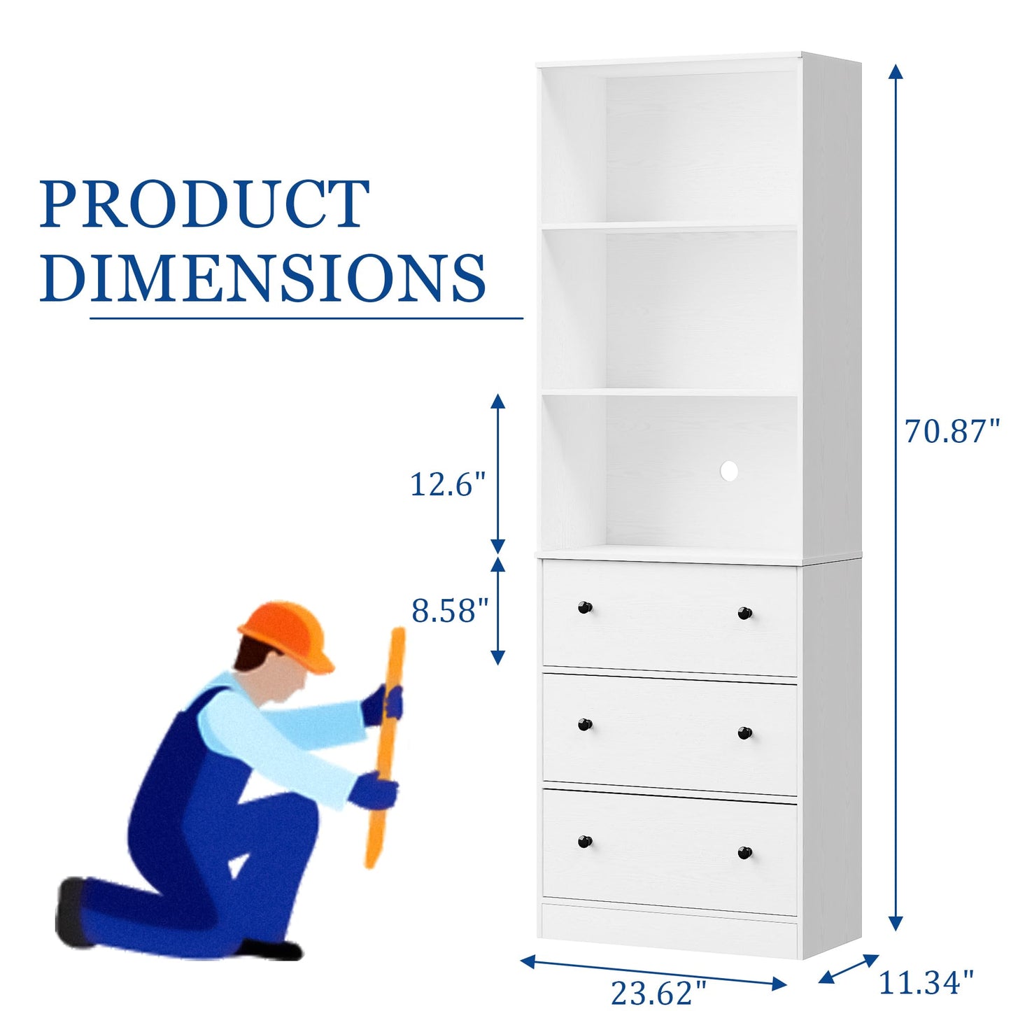 White Bookshelf with Storage, 71" Tall Bookcase with Drawers, Wooden Bookshelf Display Cabinet with 3 Drawers and 3-Tier Shelves, Home Decor Furniture for Living Room, Bedroom, Kitchen, Home Office