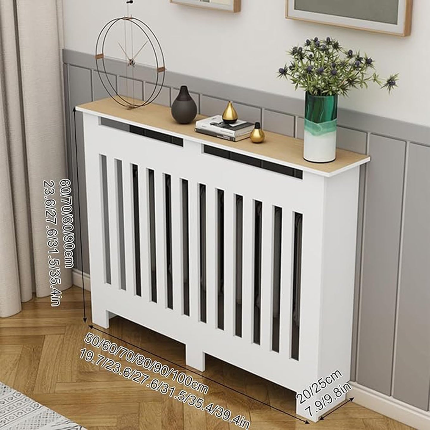 White Modern Wall Cabinet, Modern Radiator Cover, Vertical Slatted Grill Cabinet Shelf, Radiator Cover Heating Forcert for Office, Living Room, Bedroom, Hallway (100 * 90 * 25cm/39.4 * 35.4 * 9.8in)
