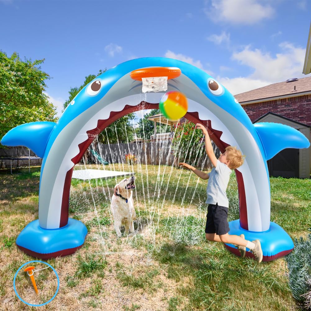 11Ft Inflatable Shark Sprinkler, Large Shark Arch Sprinkler Toys for Summer Outdoor Backyard Yard Lawn, Perfect Inflatable Shark Sprinkler Water Park Toy Games for Boys Girls