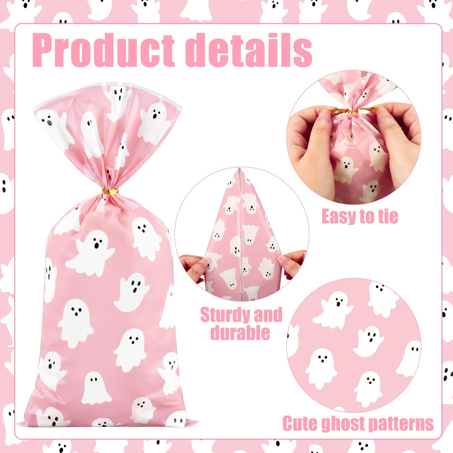 120 PCS Halloween Ghost Cellophane Treat Bags Halloween Pink Plastic Candy Bags Trick or Treat Ghosts Goodie Gift Bag with Twist Ties for Snacks Candy Packing Party Favor Goodies Wrapping Supplies