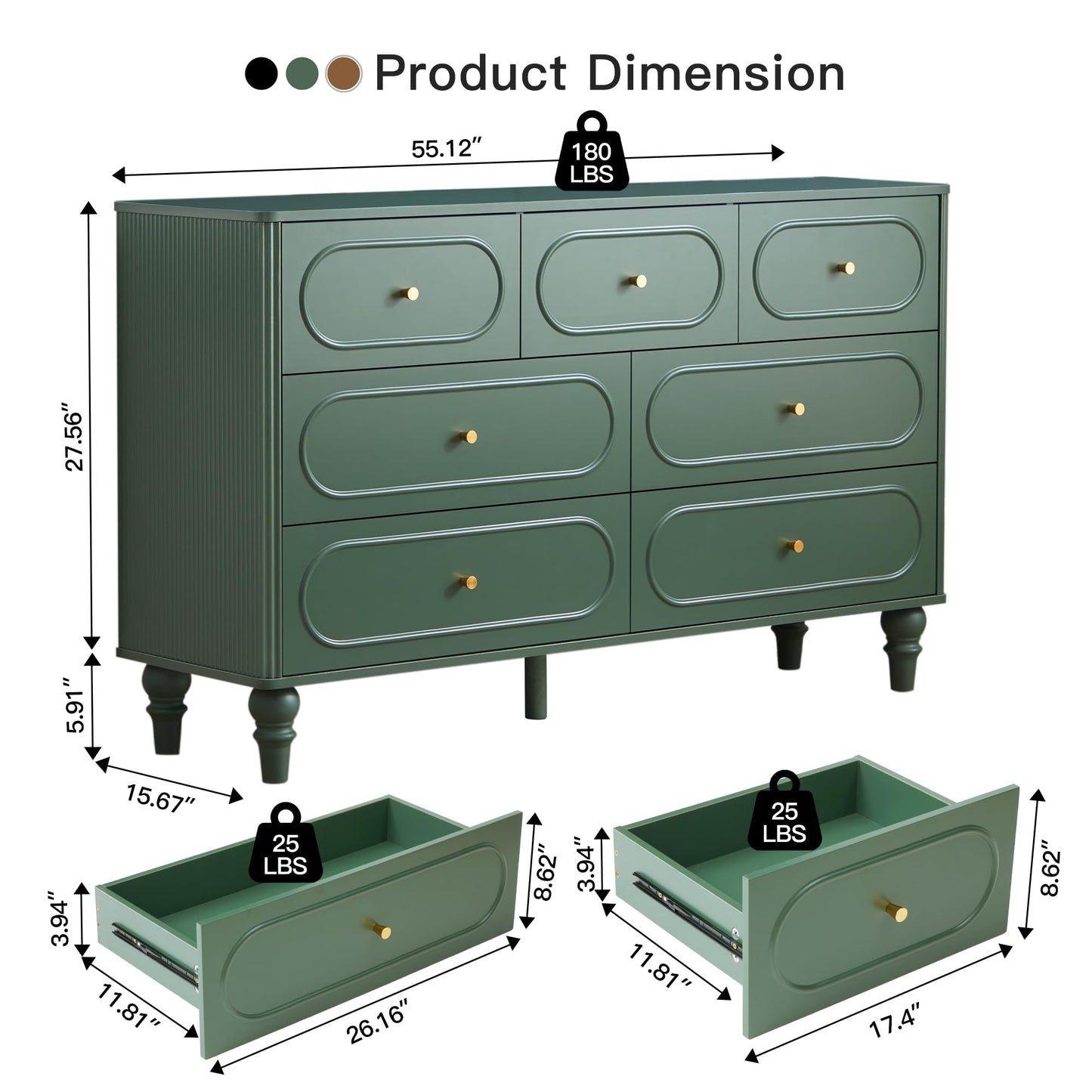 7 Drawer Fluted Dresser for Bedroom, Mid Century Modern Chest of Drawers, Wood Storage Large Dresser Organizer for Bedroom Living Room Hallway Closet, Green