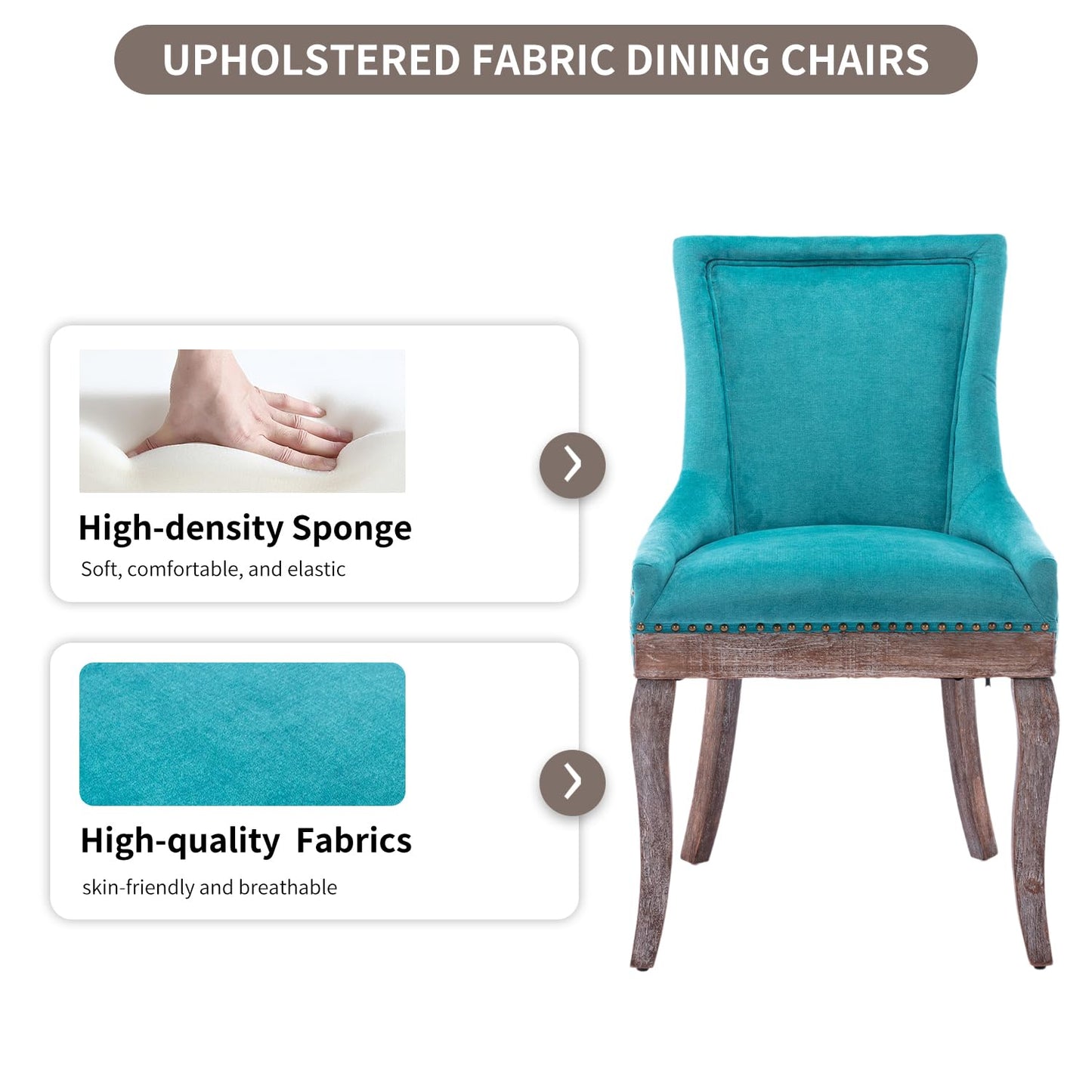 Yayzy Modern Dining Chairs Set of 6, Upholstered Fabric High Back Dining Chairs with Nailhead Trim & Solid Wood Legs for Dining Room & Kitchen, Blue