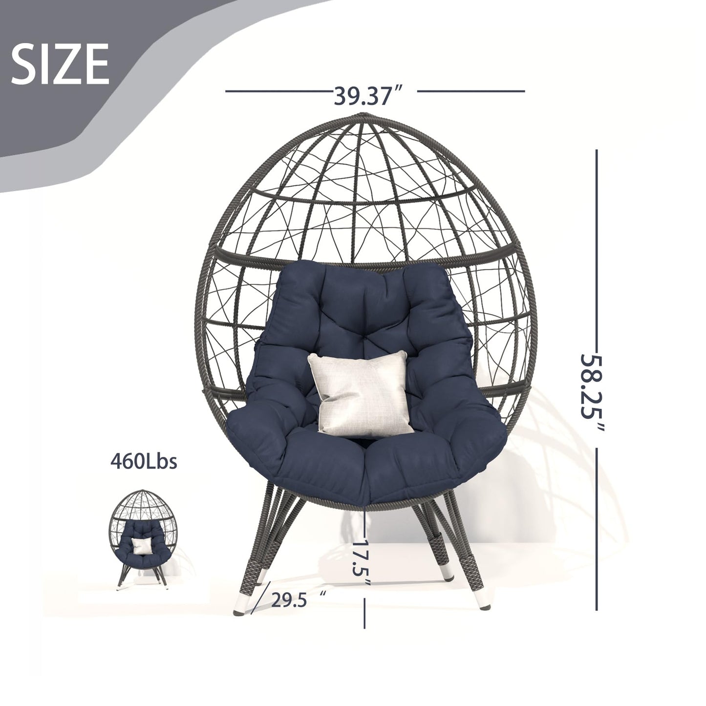 wallowsun Oversize Wicker Egg Chair, Outdoor Indoor Egg Basket Lounge Chair w Large Cushion for Patio Backyard Garden Living Room (Blue)