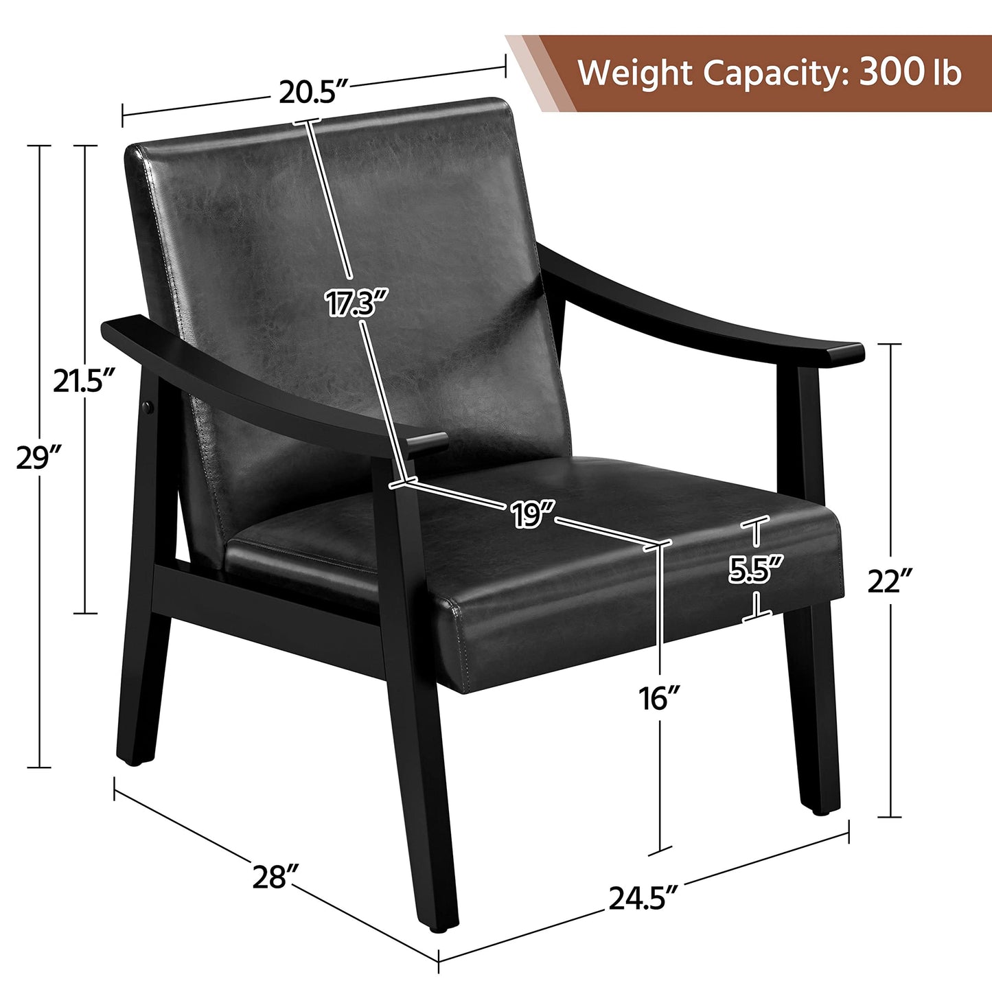 Yaheetech PU Leather Accent Chair, Mid-Century Modern Armchair with Solid Wood Legs, Reading Leisure Chair with High Back for Living Room Bedroom Waiting Room, 2 Pieces, Black