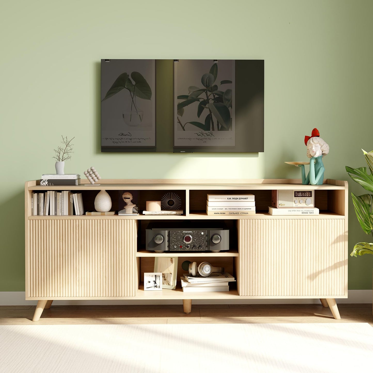 55'' TV Stand for 65 Inch, Fluted Modern TV Stands for Living Room with Sliding Doors and Adjustable Shelf, Entertainment Center with Storage Media TV Console Table for Bedroom (Natural Oak)