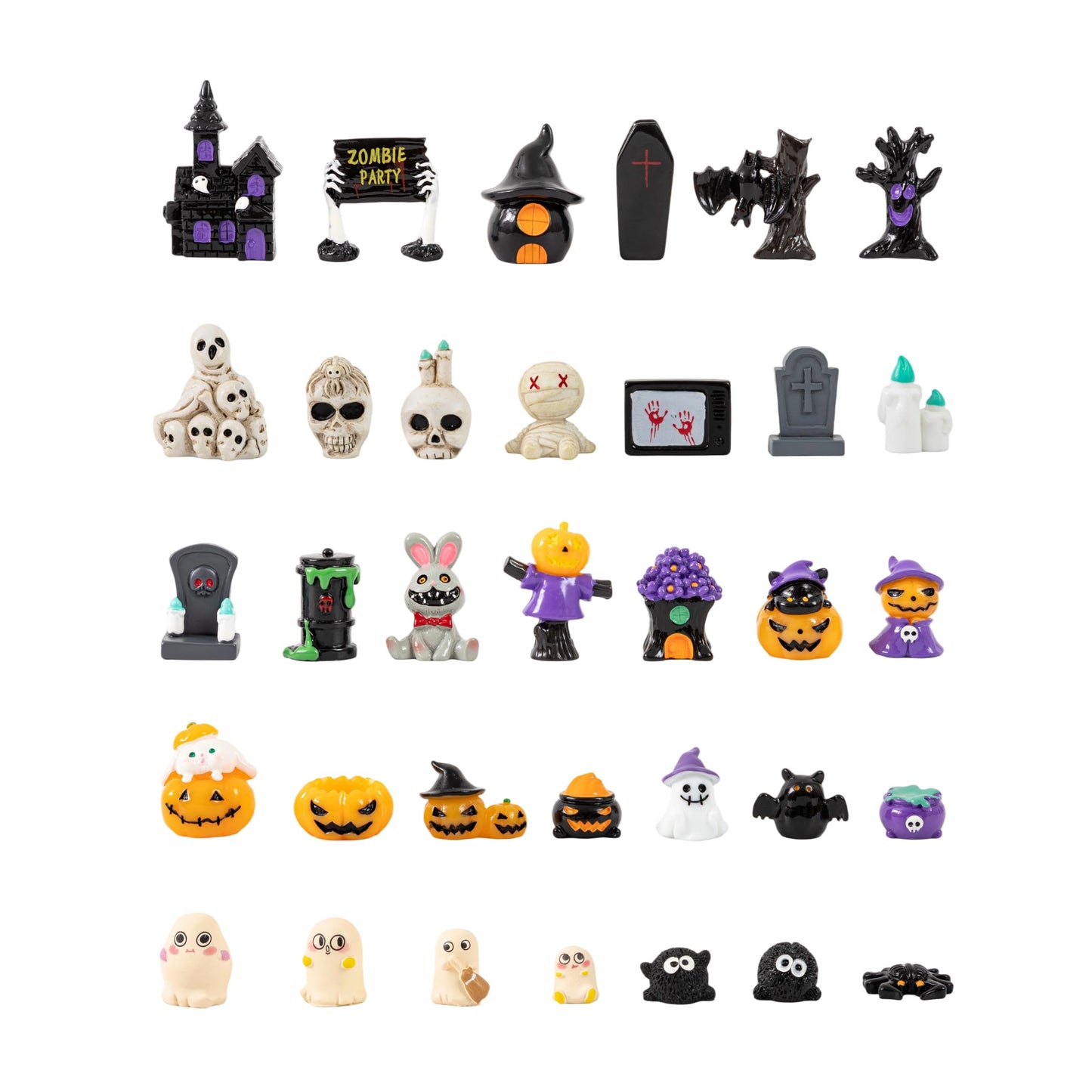 34pcs Mini Halloween Figurines-34 Styles Halloween Miniatures Resin Skull Tombstone Pumpkin Decoration Mini Figures to Hide Dollhouse Miniatures