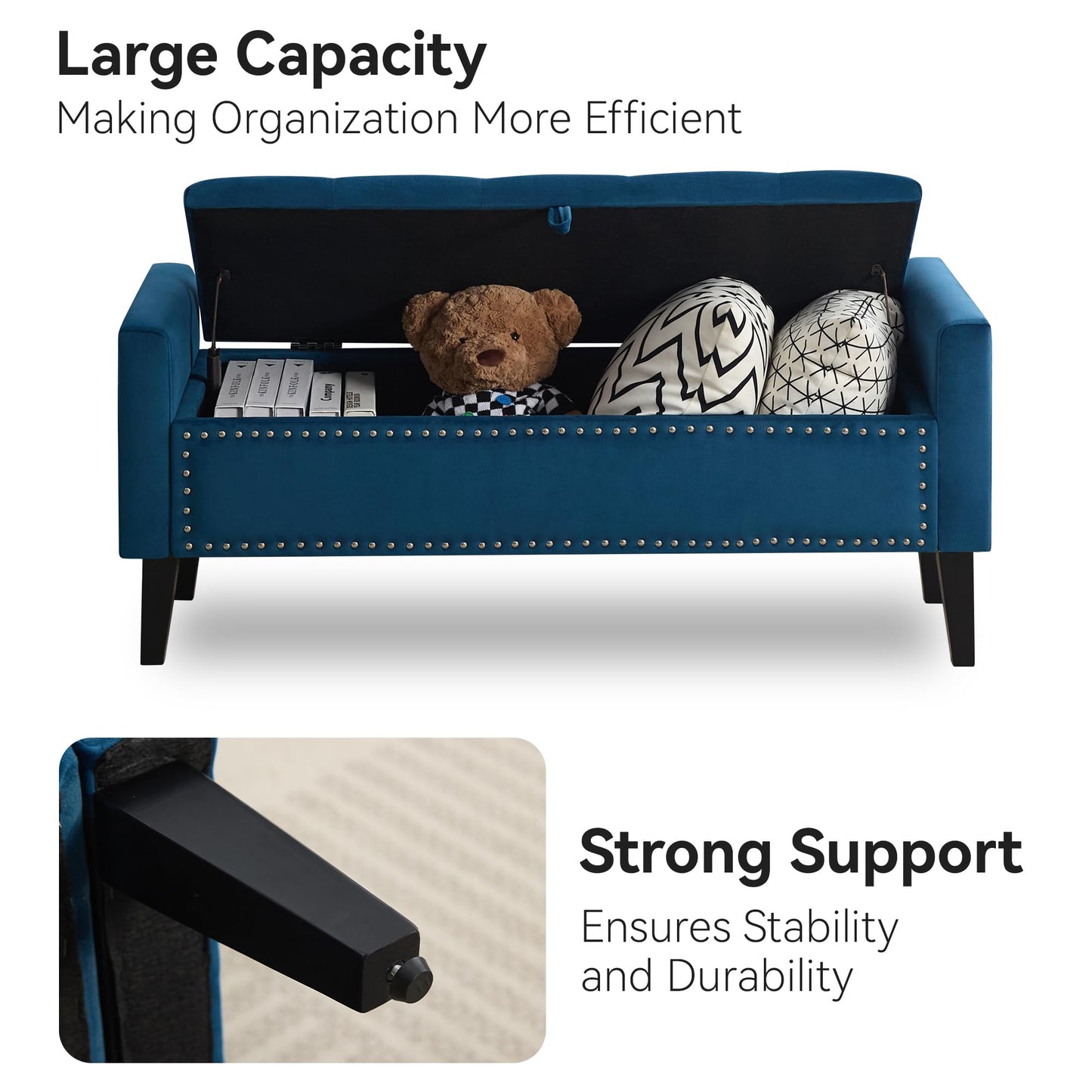 WUTUTUEE 47" Velvet Storage Bench, Upholstered Bed Bench with Storage, End of Bed Ottoman with Wooden Legs,Bedside Storage Bench for Bedroom, Living Room, or Entryway, Blue