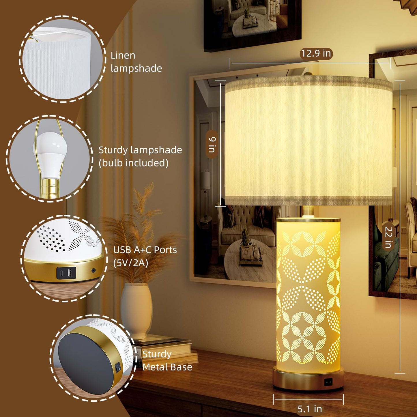 22'' Modern Ceramic Table Lamps Set of 2, Bedside Lamps with Hollow-Out Ceramic Design,USB A+C & 3 Color Temperature, Lamps for Night Stands with Night Light for Living Room and Bedroom(with 2 Bulbs)