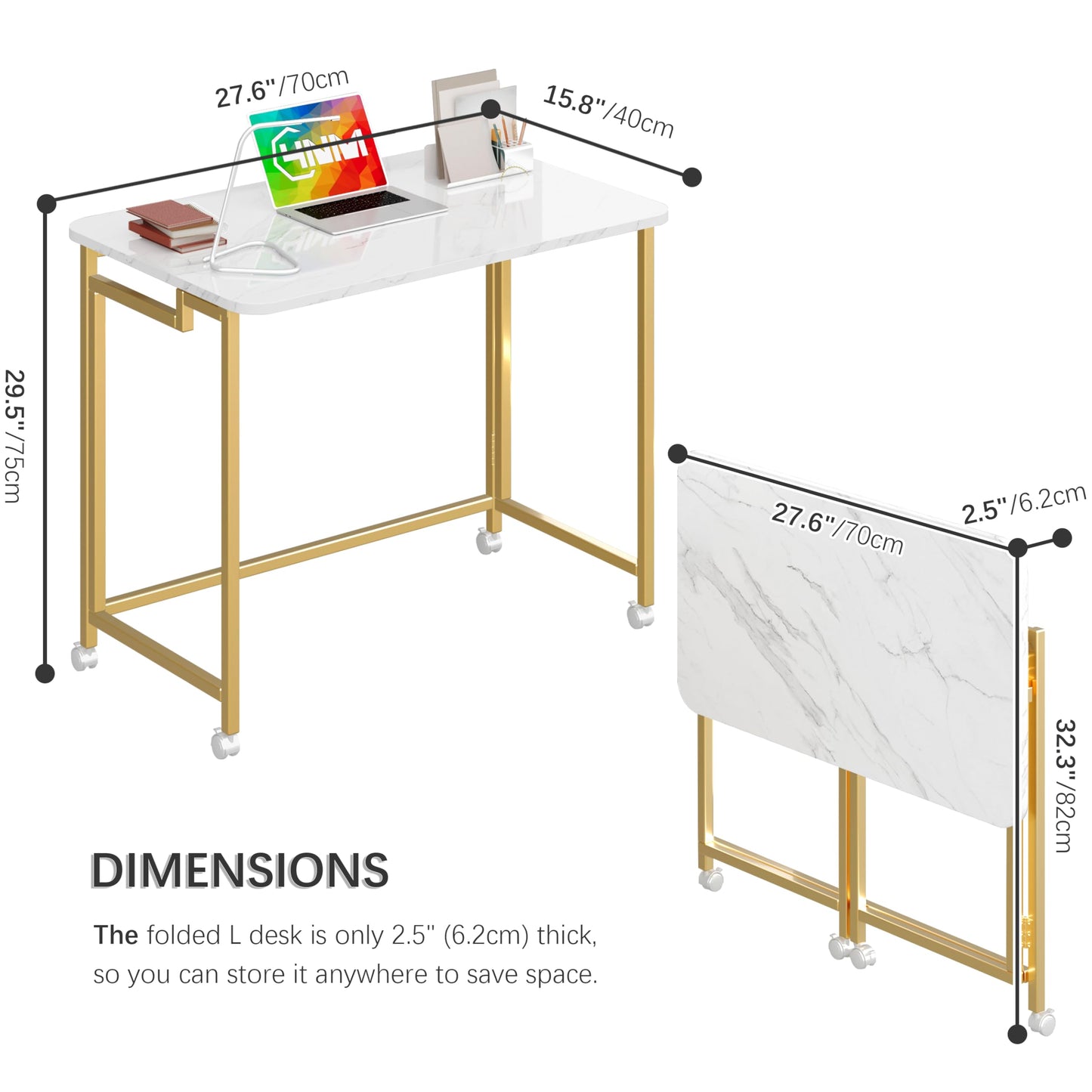 4NM 27.5" Mobile Small Rolling Computer Desk, Folding Laptop Cart Table with Wheels, Portable Office Desk for Small Space Couch Bed - White and Golden