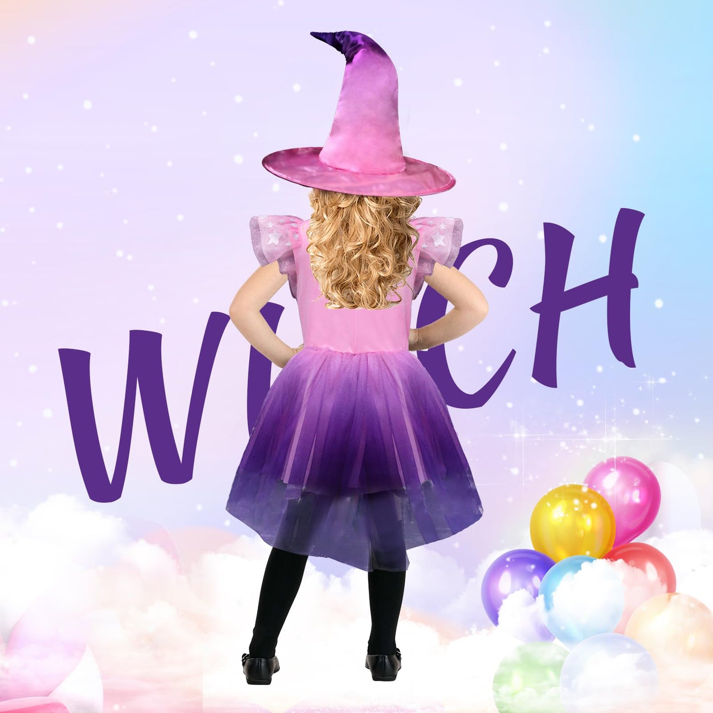 XXLOG Witch Costume for Girls Princess Dress with Hat and Wand Party Halloween Costumes for Kids S