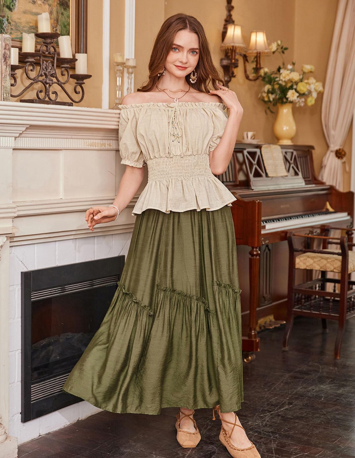 Women Off Shoulder Puff Sleeve Summer Tops Smocked Wasit Peplum Blouse Apricot S