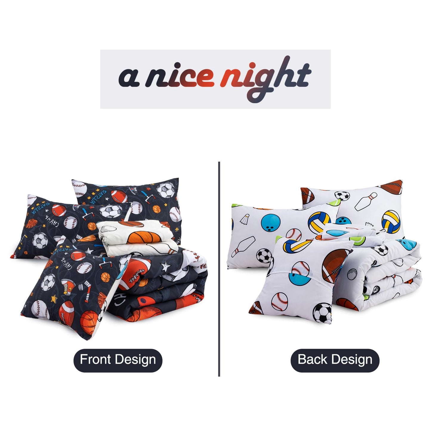 A Nice Night 6Pcs Bed in A Bag Full Sports Microfiber Modern Comforter Set,Gray Rugby Ball Printed Bedding Collections,for Boys Kids Teen