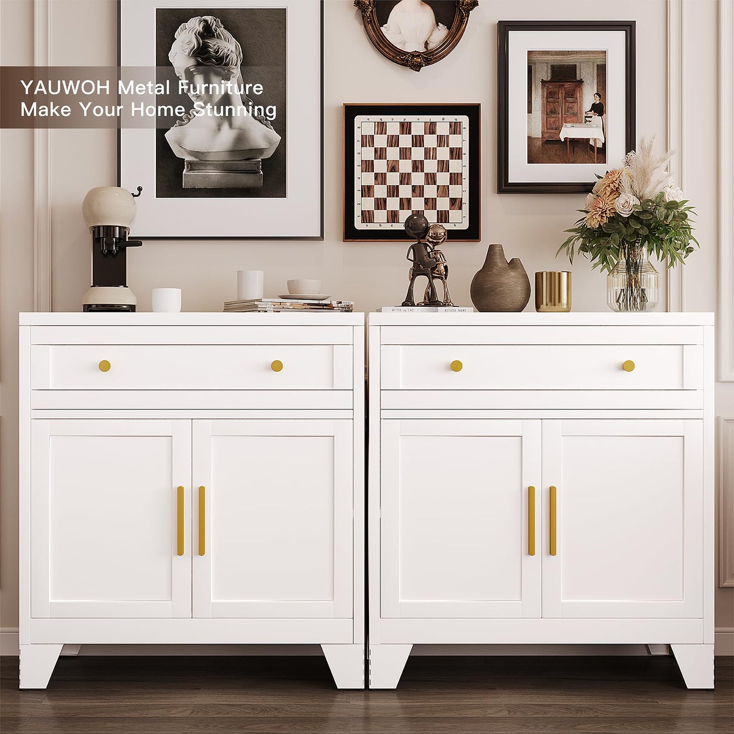YAUWOH Metal Sideboard Cabinet with Big Drawers,Farmhouse Coffee Bar with One Adjustable Shelves,Buffet Cabinet,Metal Storage Cabient for Kitchen, Dining Room, Entryway, White