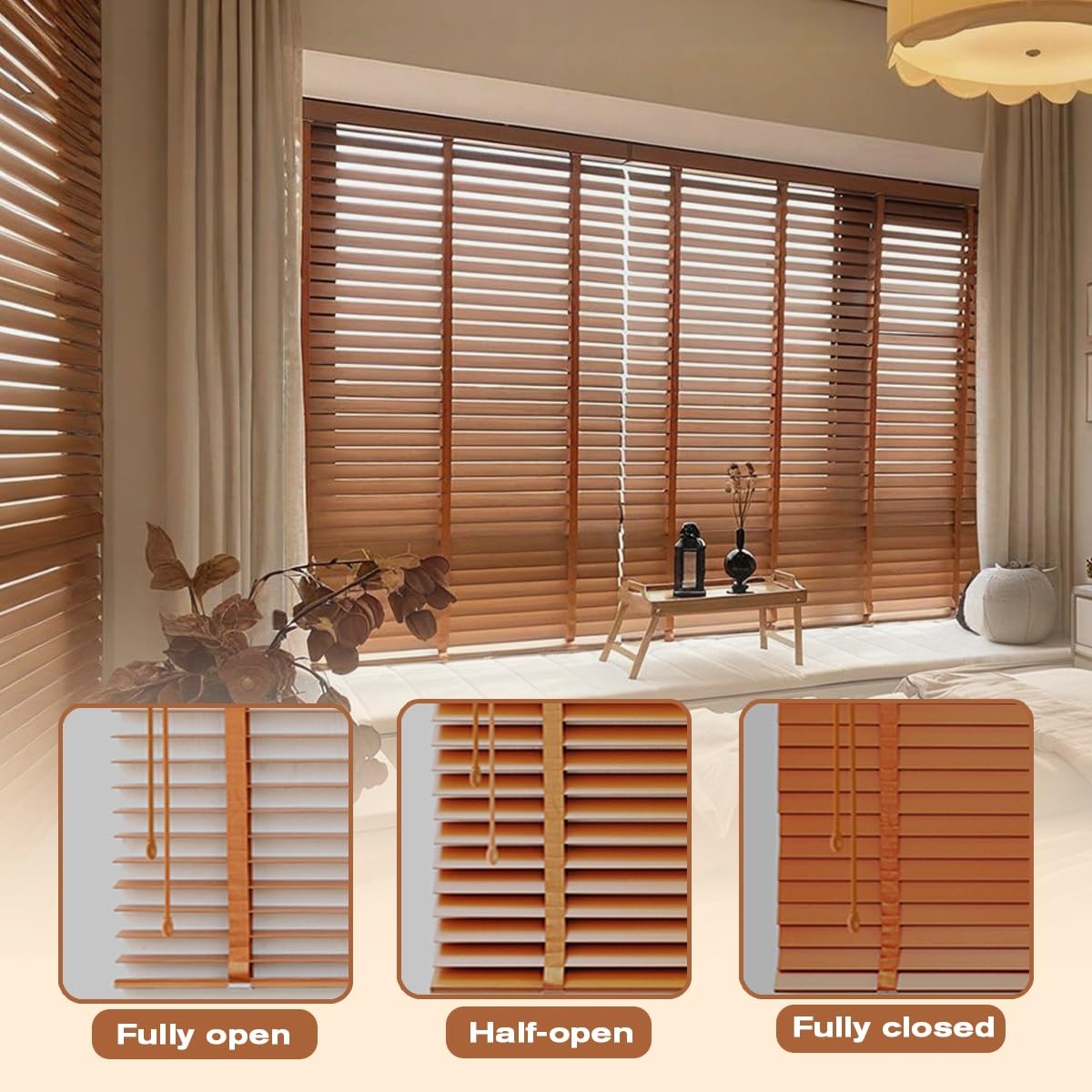 2" Slats Faux Wood Blinds, Room Darkening Cordless Horizontal Blinds Shades, Privacy Blackout Wooden Blinds for for Indoor Windows, Home, Office, Bedroom, Bathroom, Living Room