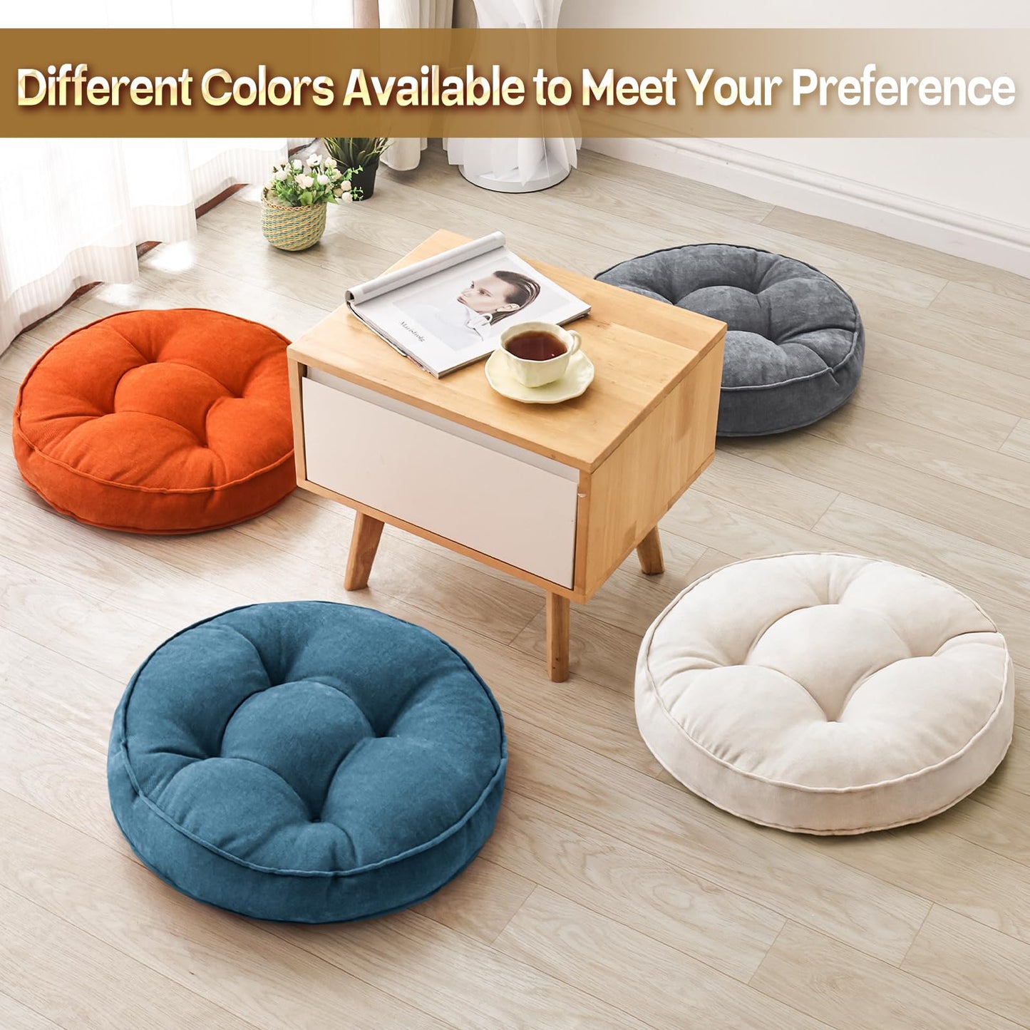 1 MIDDLE ONE Floor Pillow Set of 2, Memory Foam Floor Cushions for Adults, Large Round Meditation Pillow for Sitting, 22 x 22 Inches (Round | Beige)