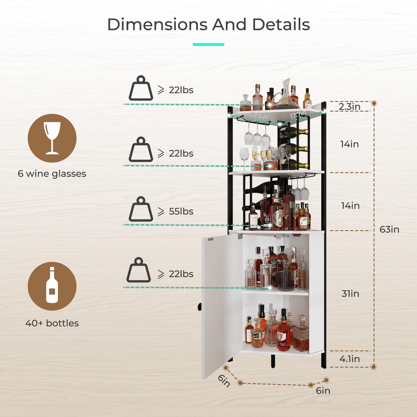 Vividwood 63” Tall Corner Bar Cabinet, Farmhouse Liquor Cabinet with Wine Rack (Holds 50+ Bottles), Glass Holder, Adjustable Shelves & Barn Door, Home Bar for Living Room/Kitchen, Ivory White