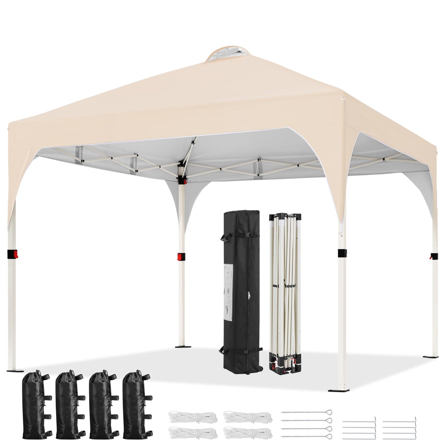 Yaheetech 10x10 Pop Up Canopy Tent with Vent, Easy Set Up Tent, Instant Sun Shelter Canopy with Wheeled Bag, 4 Sandbags, 12 Stakes & 4 Ropes, for Parties, Beach, Outdoor, Beige