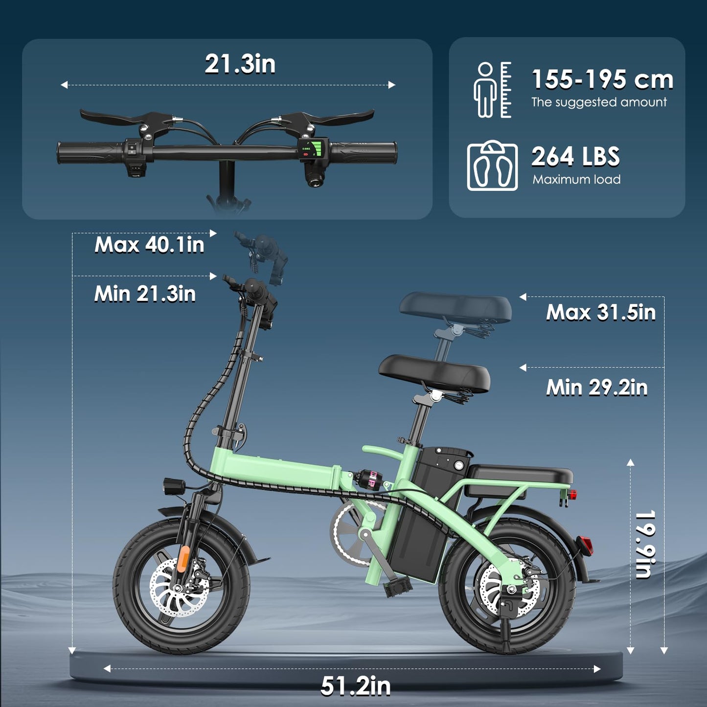 REOCRO Foldable Electric Bike for Adults, 14" Folding E-Bike with 500W Motor, Electric Bicycle with 48V Removable Battery UL 2849 Certified, Electric Commuter Bikes with 25 Miles PAS Range (Green)