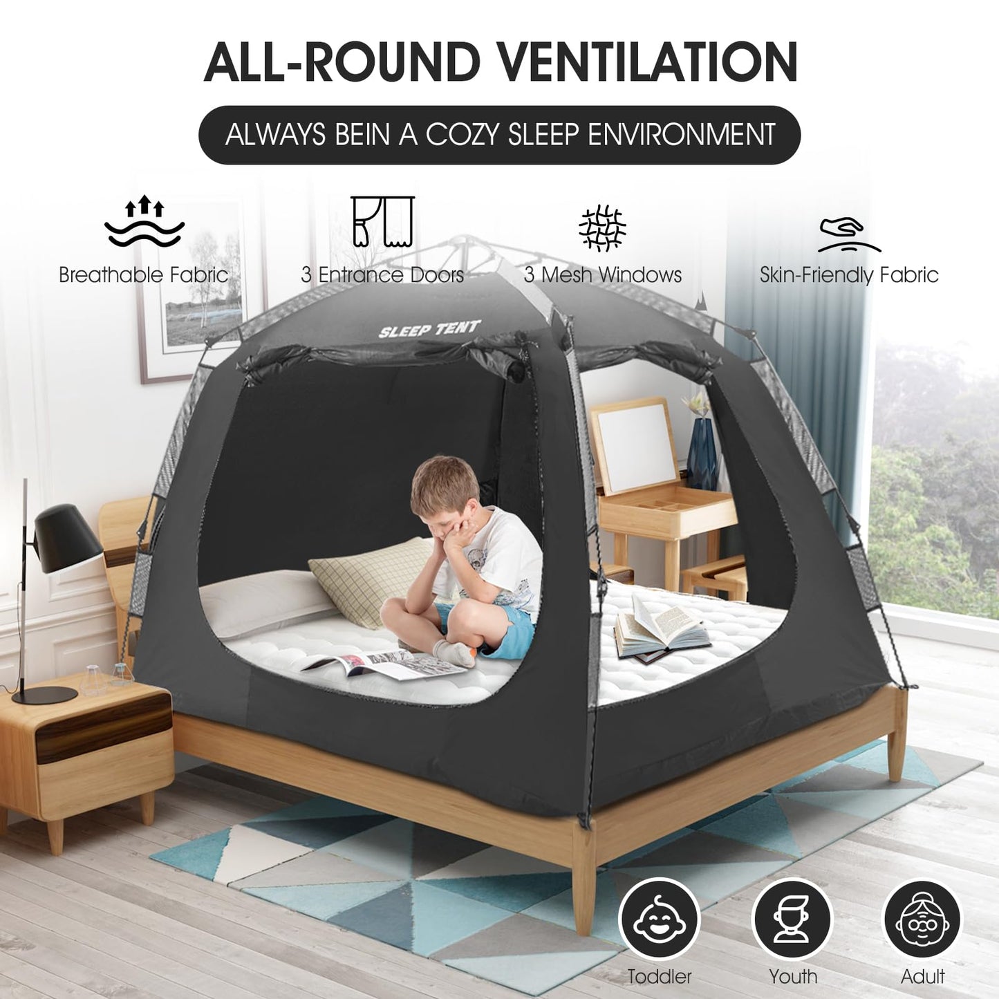 YAVIL Portable Bed Tent Bed Canopy Queen Size,ONE-Click Sleeping Tent Breathable Indoor Tent Privacy Large Space with 3 Doors for Kids and Adult