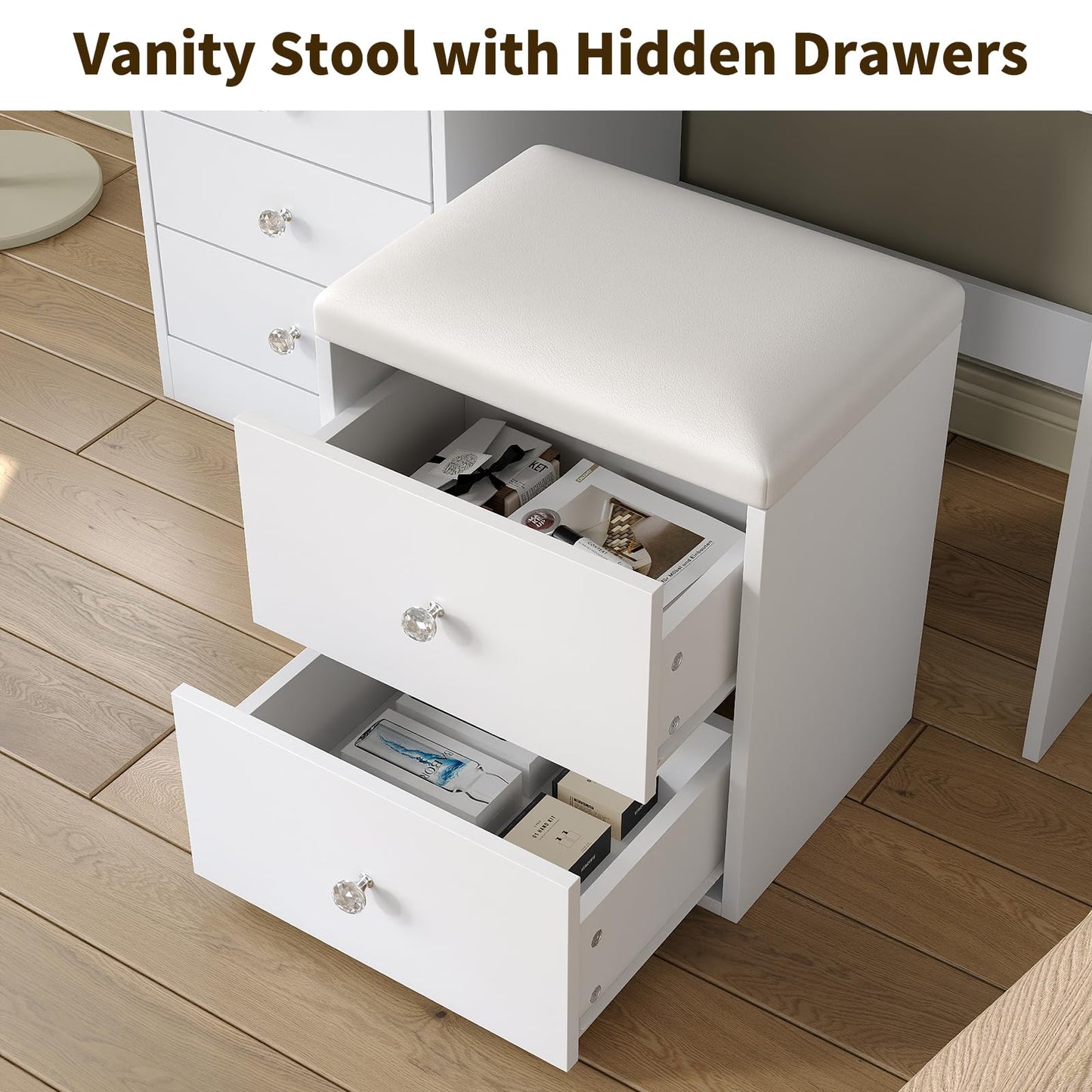 Yanosaku Vanity Desk with LED Mirror, 8 Drawers Makeup Vanity with 7 Shelves & 3 Cabinets, Fold-up Panel & Storage Stool, Dressing Table with Power Outlet, Glass Top Vanity Set for Bedroom, White