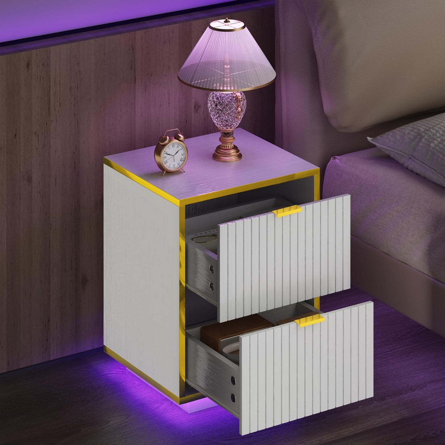 White and Gold Nightstand with 2 Fluted Drawers, 18 Inch Night Stand with Storage, White Night Stand with Golden Handles, Mid Century Modern Nightstand for Bedroom,White and Gold
