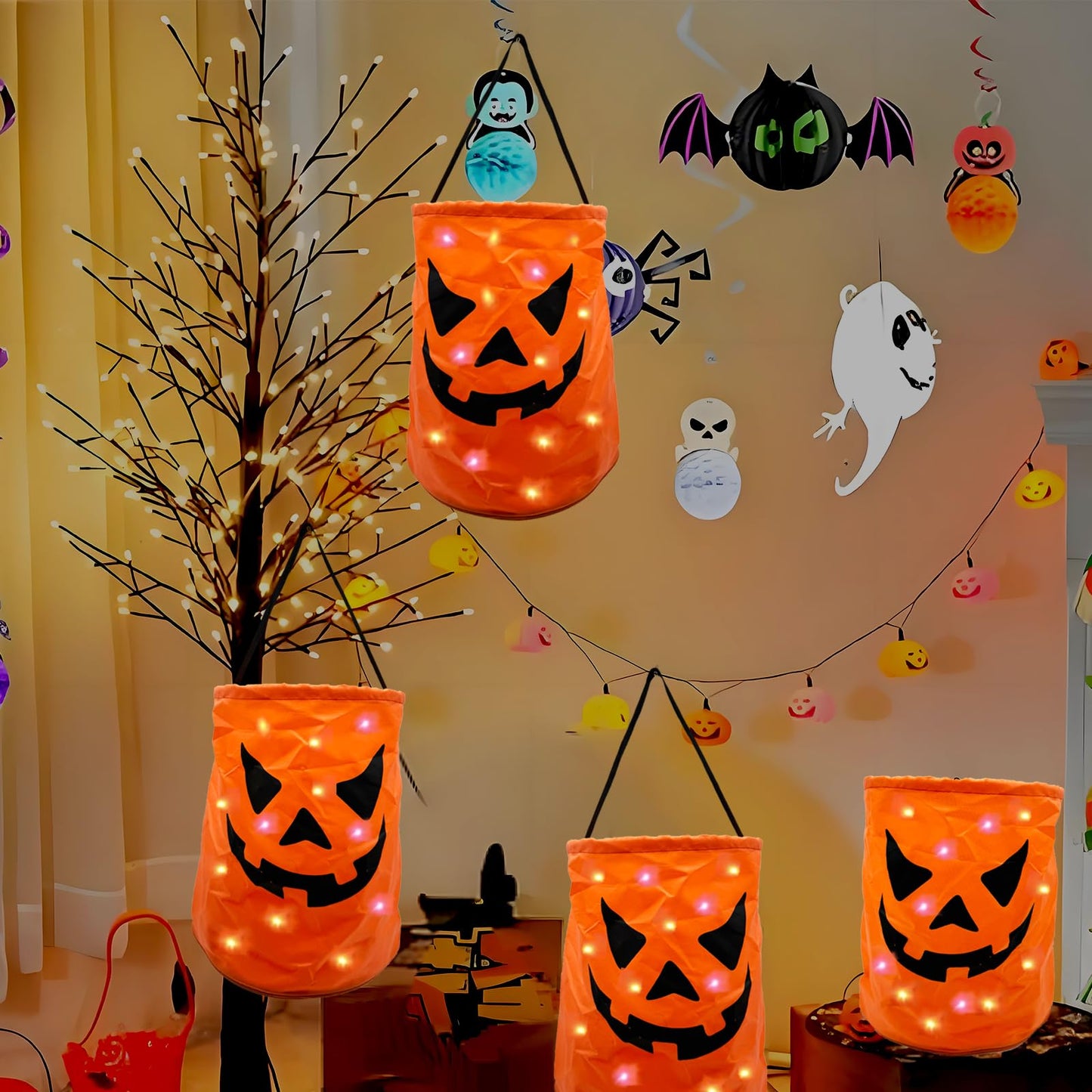 3PCS LED Light Halloween Candy Bags Light Up Halloween Party Bags Trick or Treat Goody Buckets with Pumpkin Smile Face Multipurpose Reusable Halloween Favor Gift Bags for Party Supplies Favors