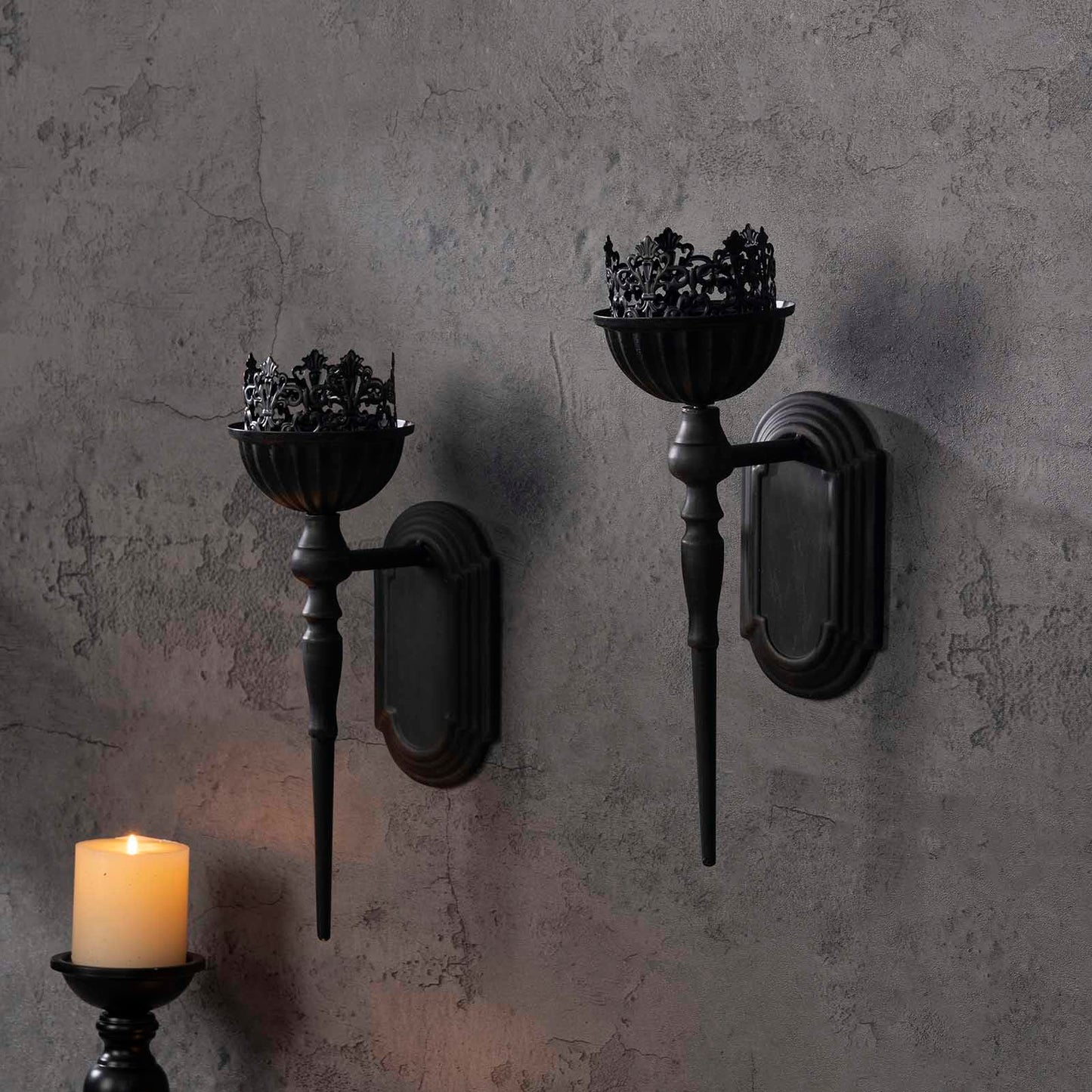 Wall Sconce Candle Holder (Set of 2) Black Crown and Scepter Design Wall-Mount Metal Candle Holders Hanging Iron Wall Candle Sconce Holder for Living Room, Bathroom, Dining Room