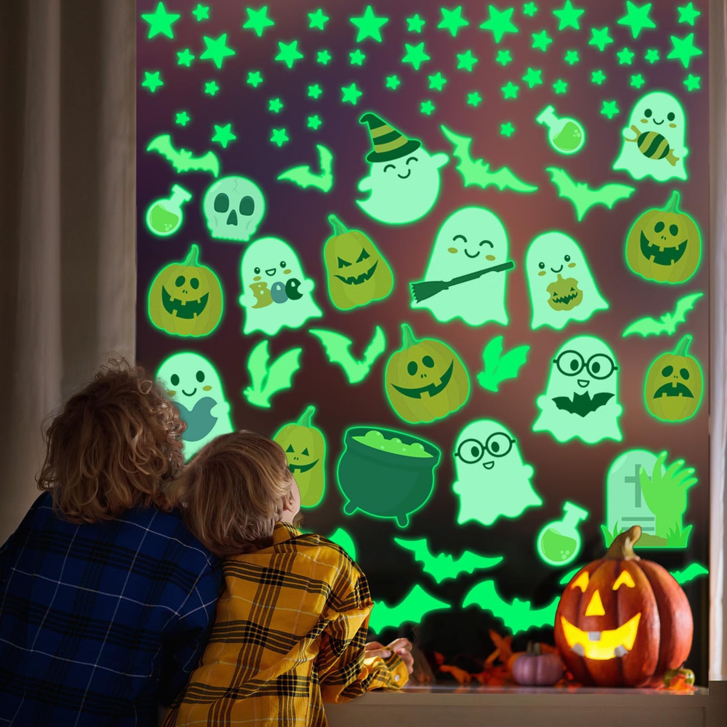 Whaline Halloween Glow in The Dark Window Cling Stickers Ghost Pumpkin Bats Window Decals Cute Cartoon Decoration for Halloween Party Home Classroom Wall, 4 Sheets