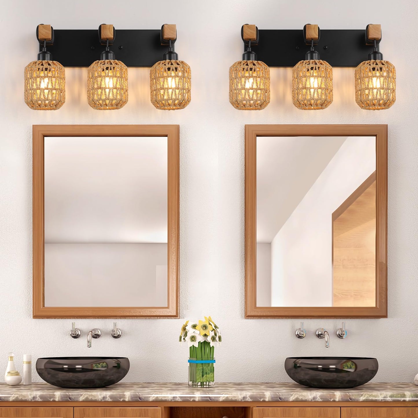 3 Light Bathroom Vanity Light Fixtures, Rustic Style Wood Bathroom Wall Sconce, with Boho Wicker Lampshade,Suitable for Bedroom, Hallway, and Living Room,Rattan Black Farmhouse Wall Sconce