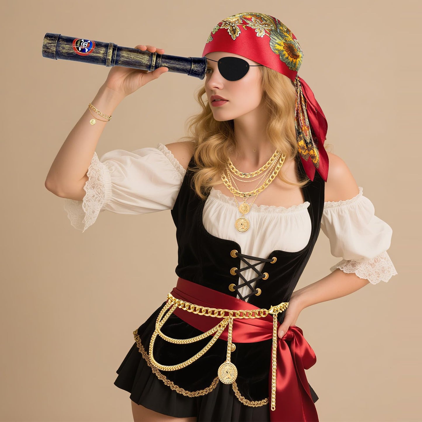 8 Pcs Pirate Costume Accessories for Women Men, Bandanas Head Scarf Eye Patch Sash Necklace Bracelet Chain Belt Earring Telescope Pirate Accessories for Halloween Cosplay Party
