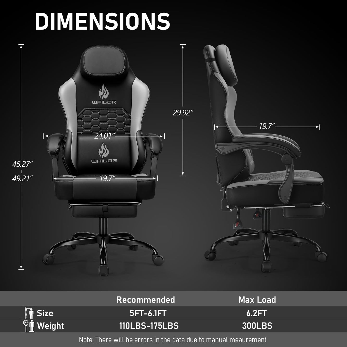 WAILOR Gaming Chair with Massage and Packet Spring Cushion,Ergonomic Gamer Chairs for Adults with Footrest 300lbs,High Back Gamer Leather Chair with Headrest and Lumbar Support