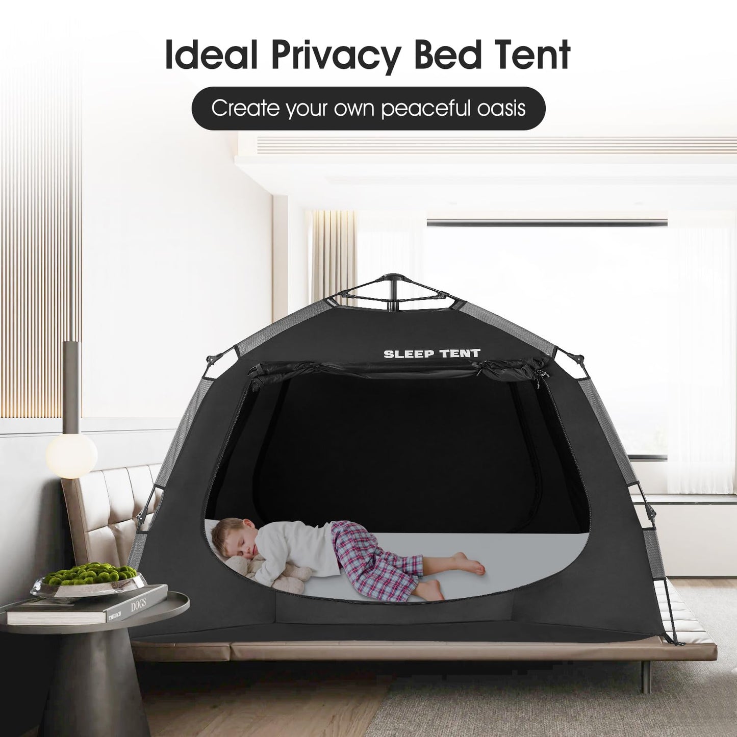 YAVIL Portable Bed Tent Bed Canopy Queen Size,ONE-Click Sleeping Tent Breathable Indoor Tent Privacy Large Space with 3 Doors for Kids and Adult