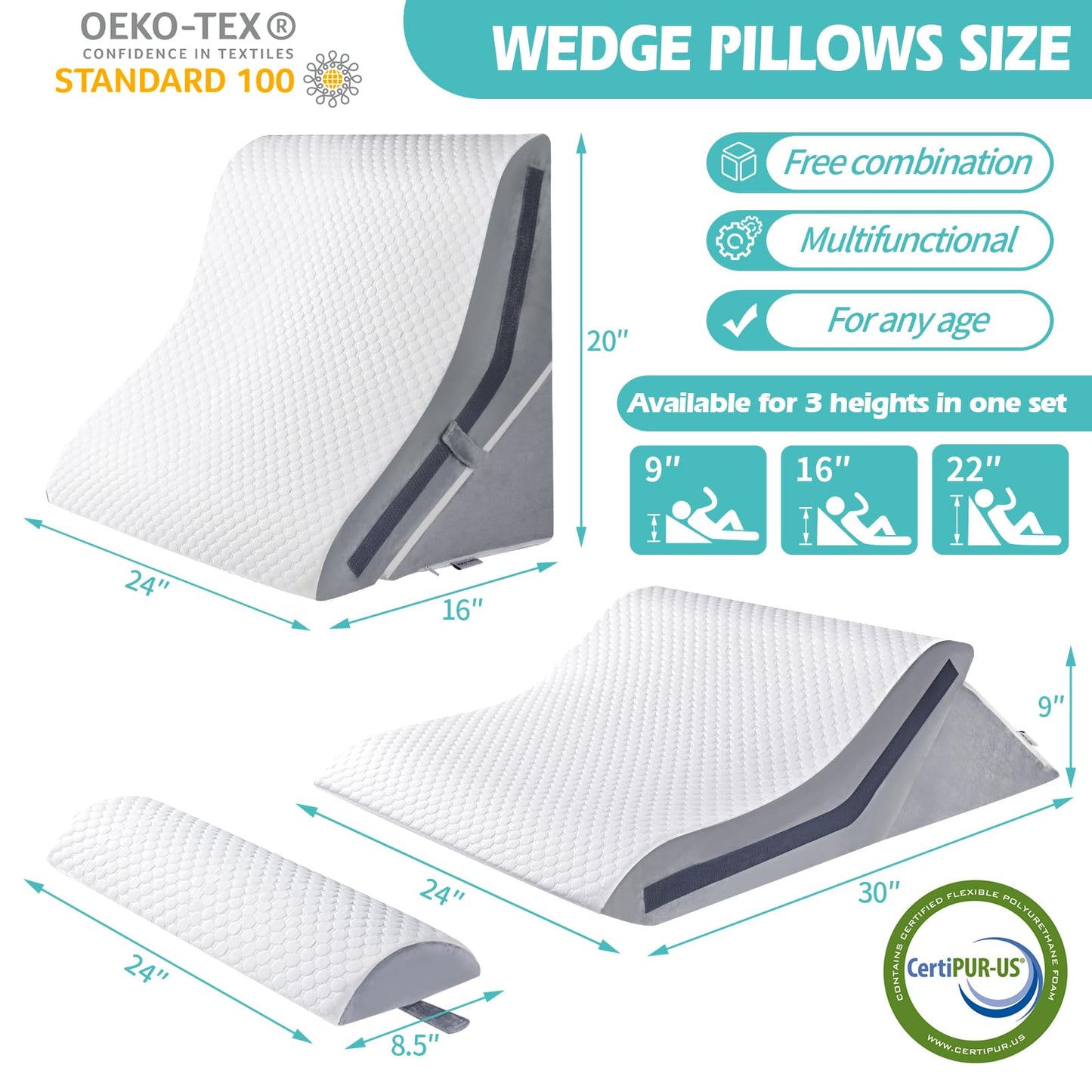 Wedge Pillow for Sleeping, Orthopedic Bed Wedge Pillow Set, 15-in-1 3PCS Adjustable Memory Foam Wedge Pillow Post Surgery, 9 &16 & 20 inches Height 3-in-1 Incline Wedges Pillows