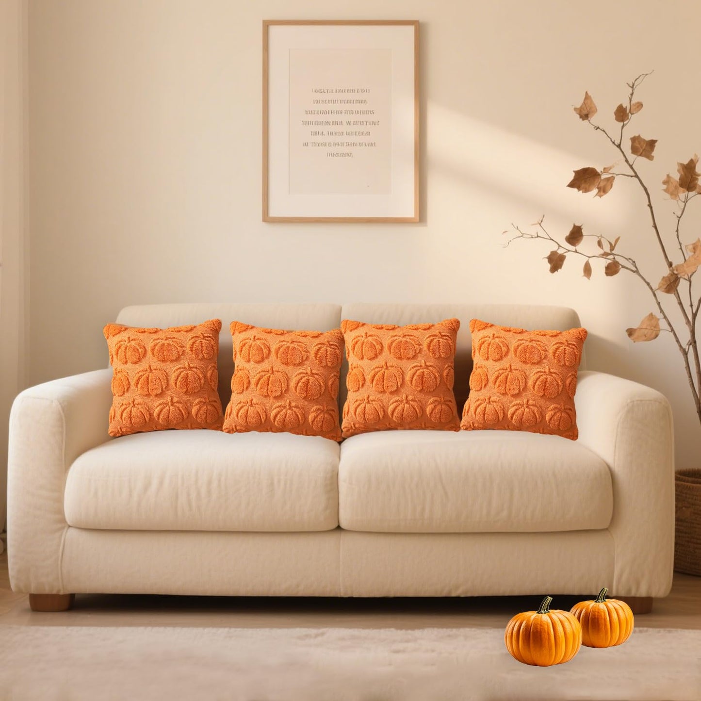 4 Pcs Fall Throw Pillow Covers 18x18, Autumn Decorations Soft Faux Fur Pillow Covers, Fluffy Plush Accent Pillow Cases for Harvest Thanksgiving Cushion Covers Sofa Home Decor(Pumpkin Orange A)