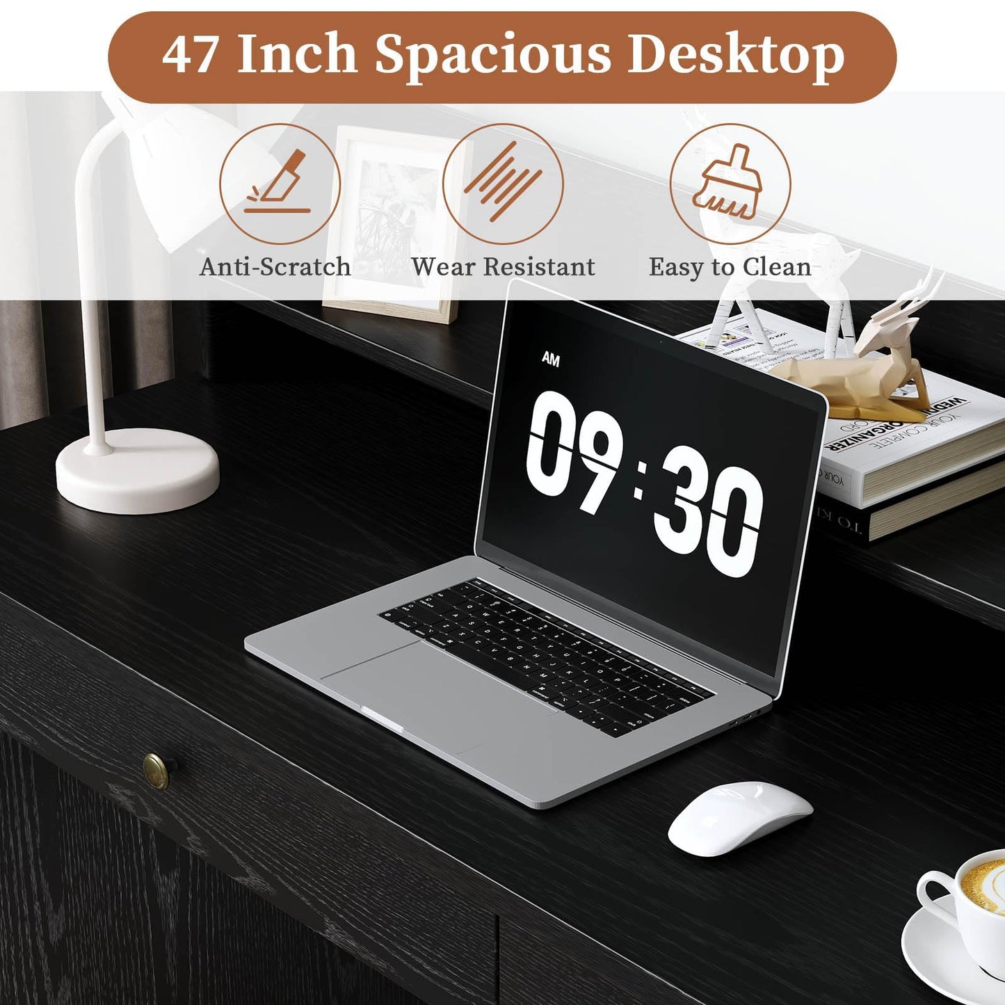 4 EVER WINNER Black Desk with Drawers, Small Computer Desk with File Drawer & Hutch for Small Spaces, Home Office Desks Writing Study Table with Monitor Stand, Black