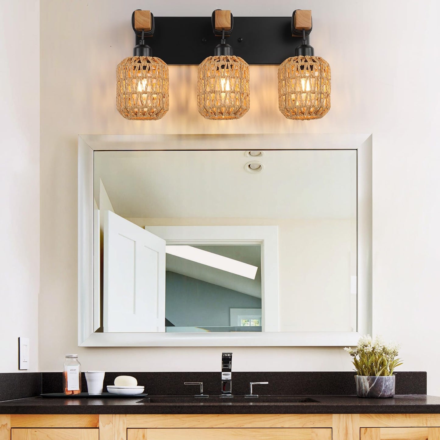 3 Light Bathroom Vanity Light Fixtures, Rustic Style Wood Bathroom Wall Sconce, with Boho Wicker Lampshade,Suitable for Bedroom, Hallway, and Living Room,Rattan Black Farmhouse Wall Sconce