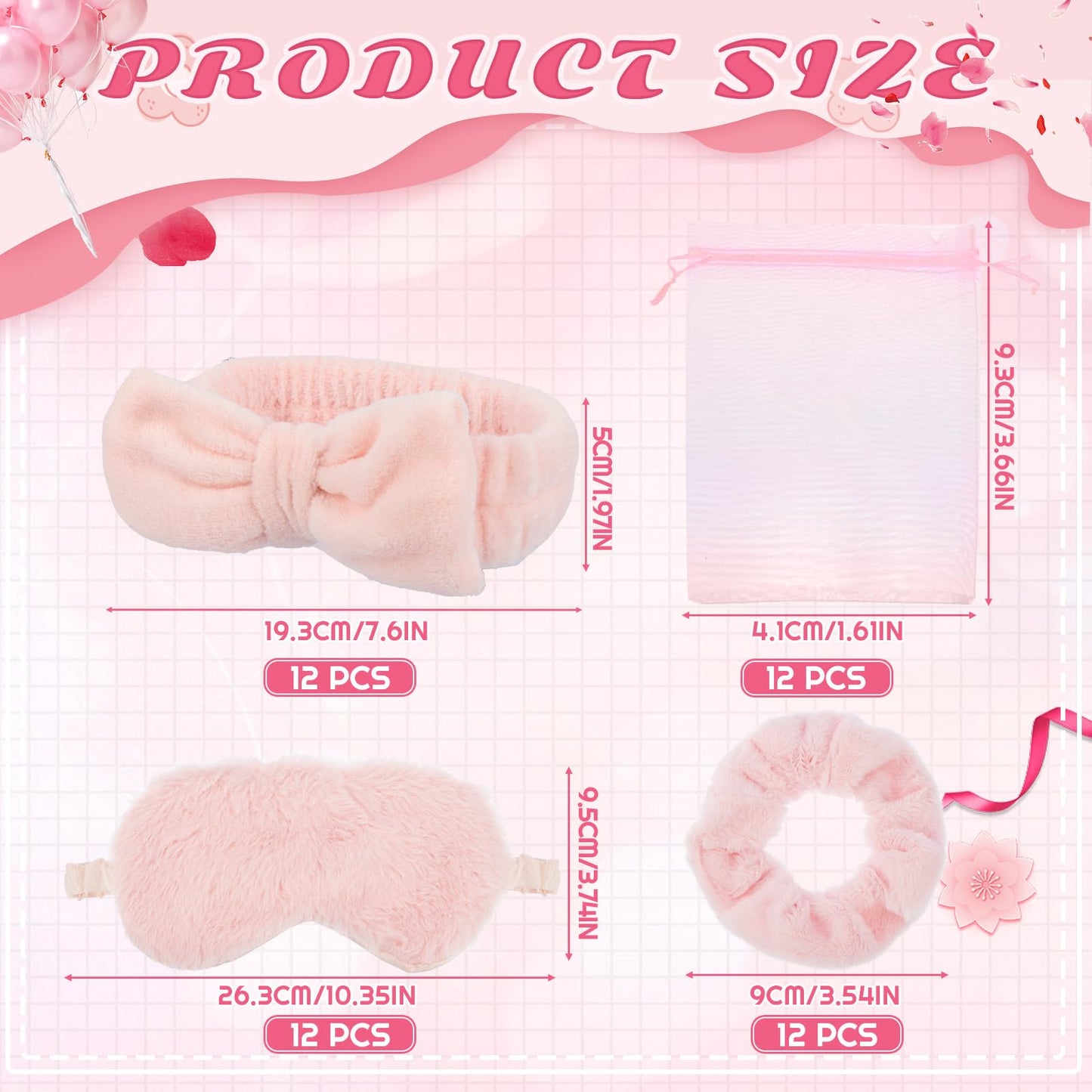 48 Set Girls' Spa Sleepover Party Supplies - 12 Pink Headbands, Sleep Eye Masks, Velvet Hair Scrunchies & Organizer Bags