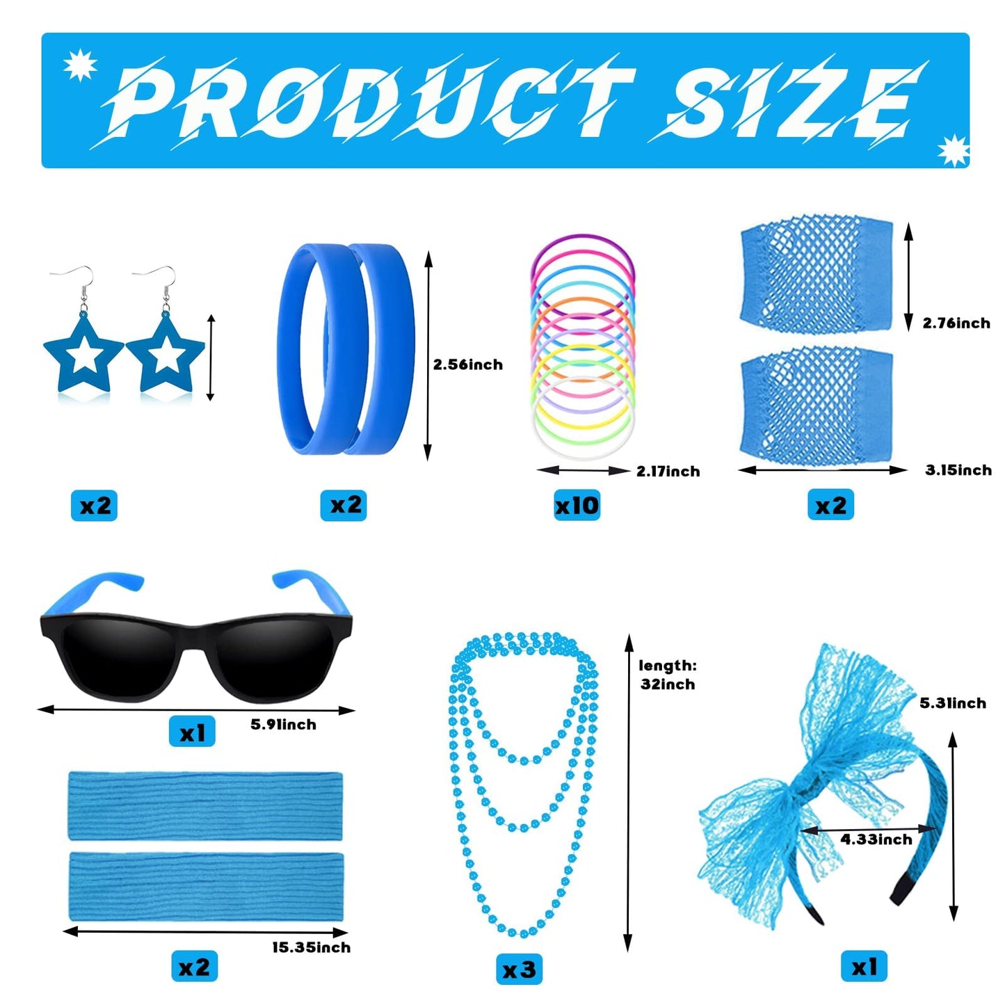 80s Fancy Dress Costumes Accessories, 1980s Fancy Style Dresses Party Sets & Kits for Women, Neon Leg Warmers Necklaces Bracelet Fishnet Gloves Lace Bow Headband Earrings Sunglasses-Blue