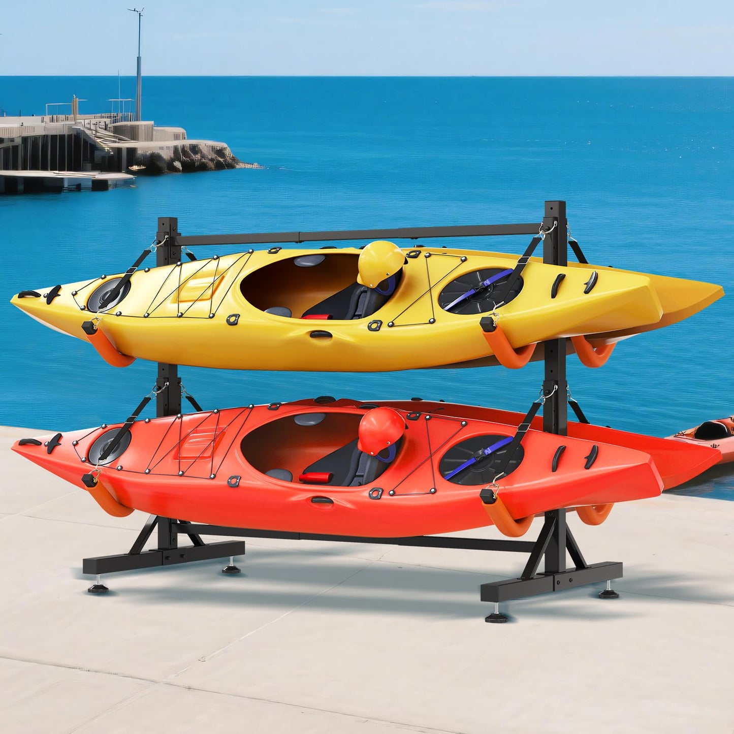 SPECRAFT Freestanding Kayak Storage Rack for 4 Kayaks, Adjustable Width Stand with Stable Base, 8 Elastic Ropes, EVA Tube Sleeves, for Indoor Outdoor Garage