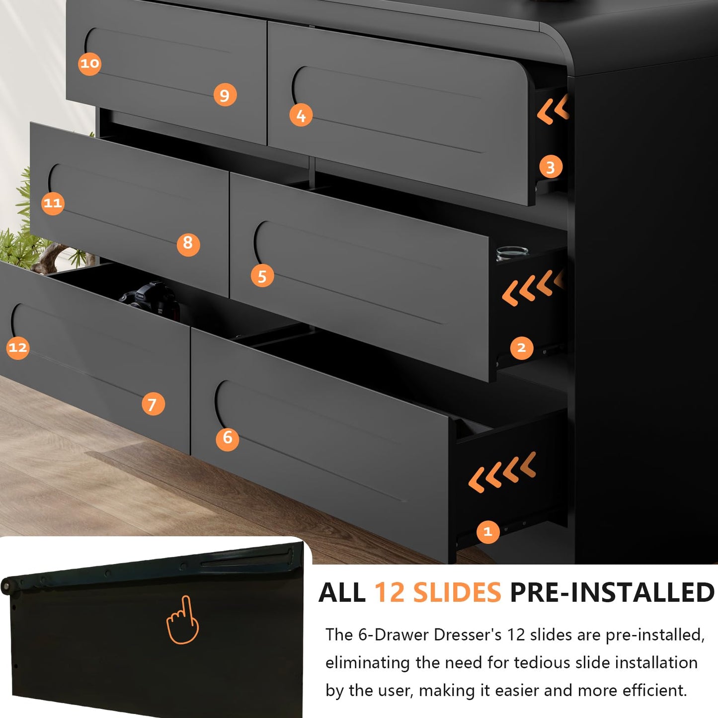3 Pcs Bedroom Set, Modern Bedroom Furniture Set, Wood 6 Drawer Dresser and 2 Drawer Nightstand Set of 2, Chest of Drawers Wide Storage Organizer Cabinet Set, Black