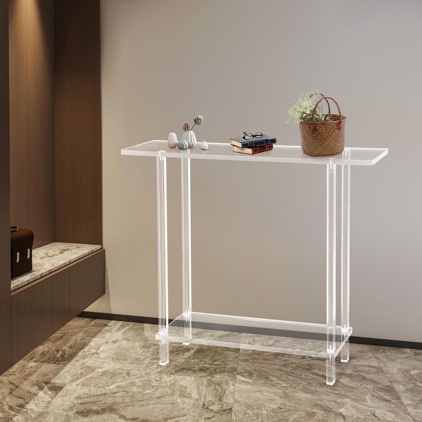 2-Tier Acrylic Narrow Console Tables, Skinny Bookshelf Slim Entry Table, Modern Side Table with Cylindrical Legs for Hallway, Living Room, Dining Room Clear 39.4" L X 7.9" W X 31.5" H