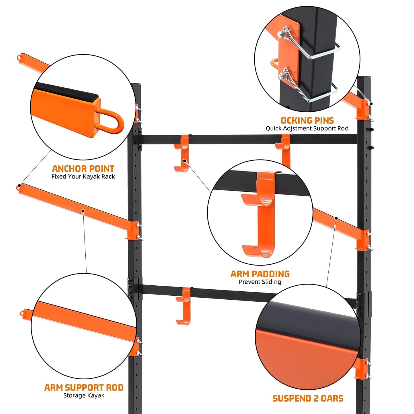 UOKRR 2 Kayak Storage Rack, Freestanding Kayak Racks for Garage, Heavy Duty Adjustable Kayak Stand Indoor Outdoor Storage Rack for Kayaks, Canoes, Surfboard & Paddleboard (2 Levels with paddle hook)