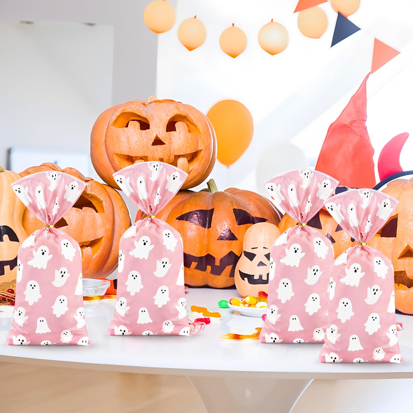120 PCS Halloween Ghost Cellophane Treat Bags Halloween Pink Plastic Candy Bags Trick or Treat Ghosts Goodie Gift Bag with Twist Ties for Snacks Candy Packing Party Favor Goodies Wrapping Supplies