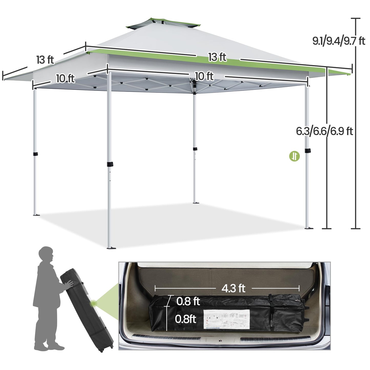 Yaheetech 13x13 Pop Up Canopy Tent, Straight Leg Easy Single Person Set-up Folding Shelter w/Extending Eaves w/Rolling Storage Bag & Sandbags for Garden, Patio, Lawn, Backyard, Deck, Light Gray/Green