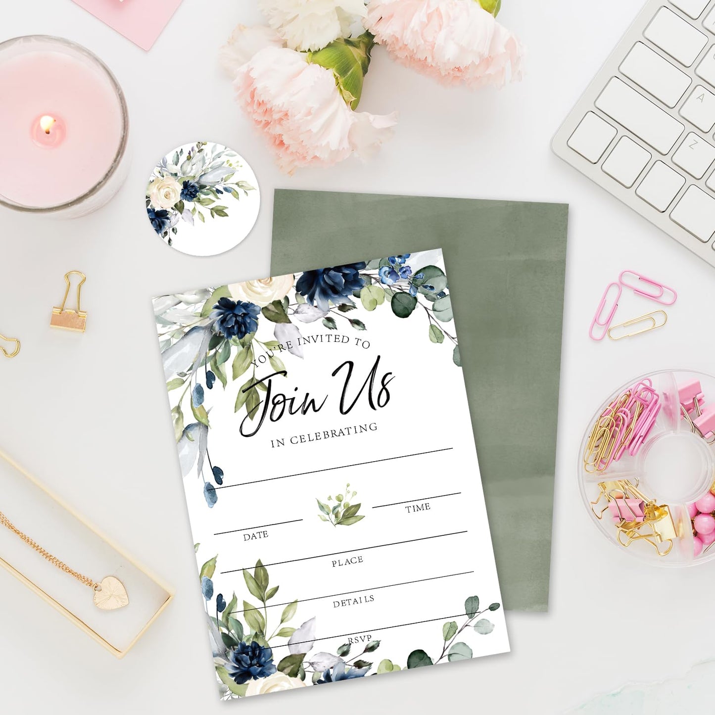Whaline 25 Sets Floral Invitations with Envelopes Stickers Watercolor Blue Flower Invitation Cards Blank Invites for Wedding Reception Bridal Baby Shower Birthday Dinner Party, 5 x 7 Inch