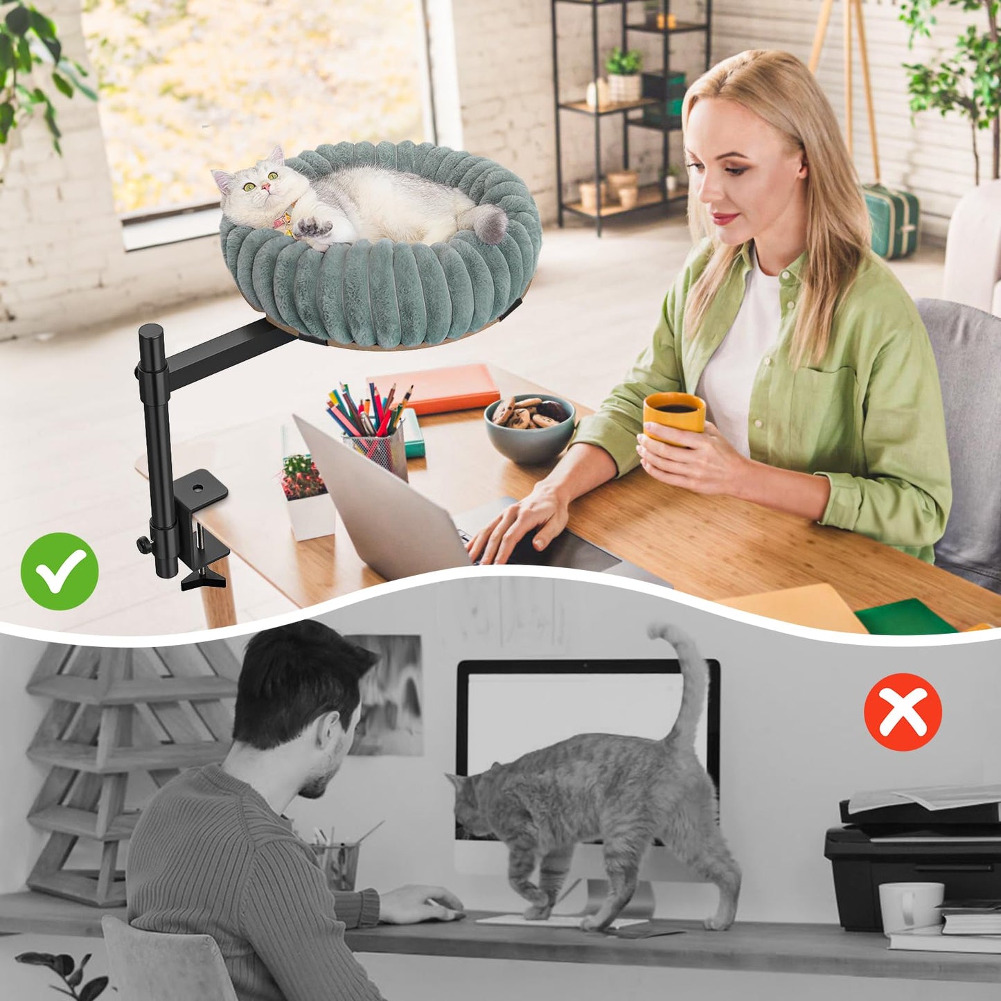 XiaZ Cat Desk Bed Elevated Cat Desk Perch Rotating & Adjustable Desk Mounted Nest, Perfect Cats Table Beds for Working from Home/Office, Dual Mounting Options Desk Top/Under Desk