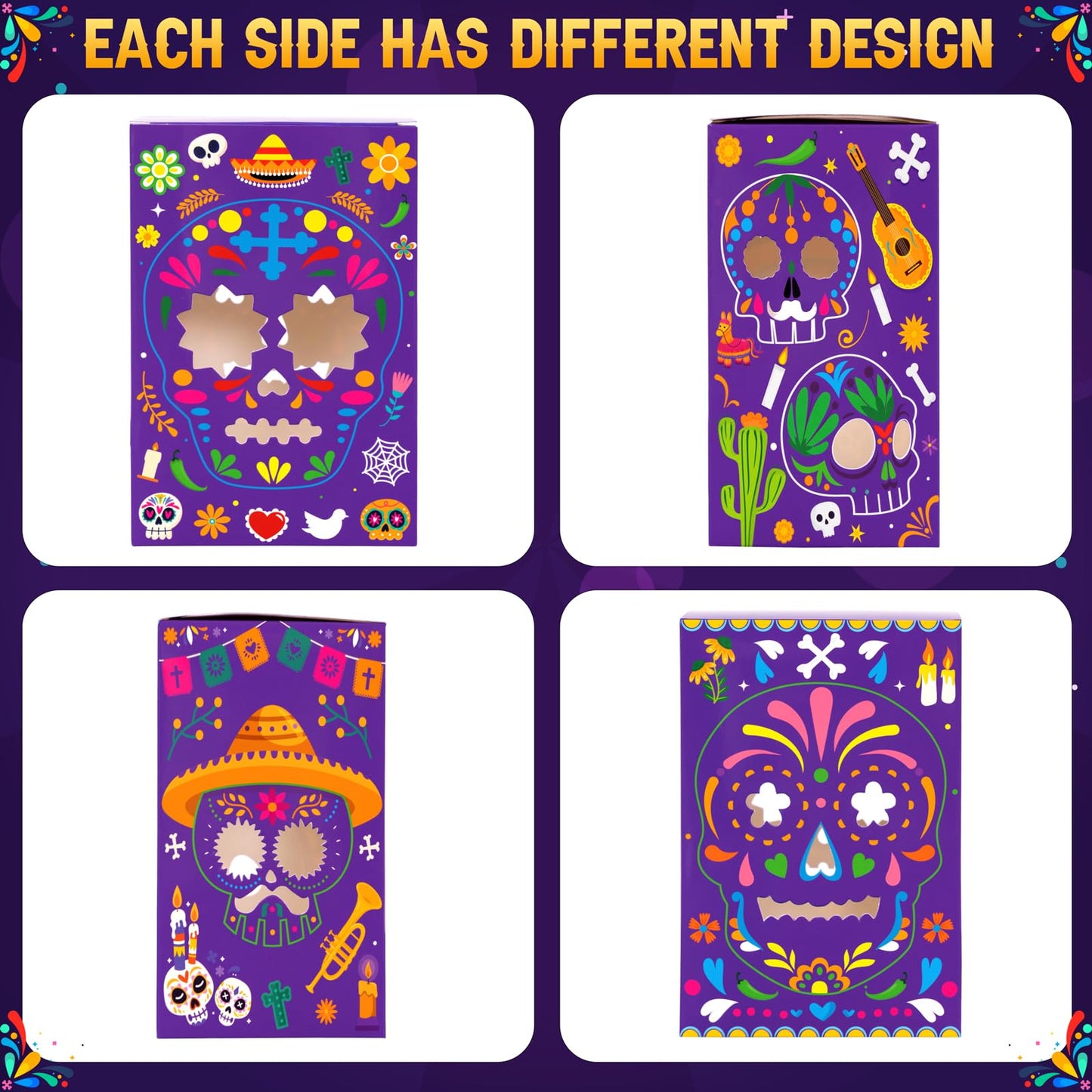 36PCS Day of The Dead Decorations Sugar Skull Candles Holders Boxes Dia De Los Muertos Altar Ofrenda Decorative Paper Box Decor, 6 Styles